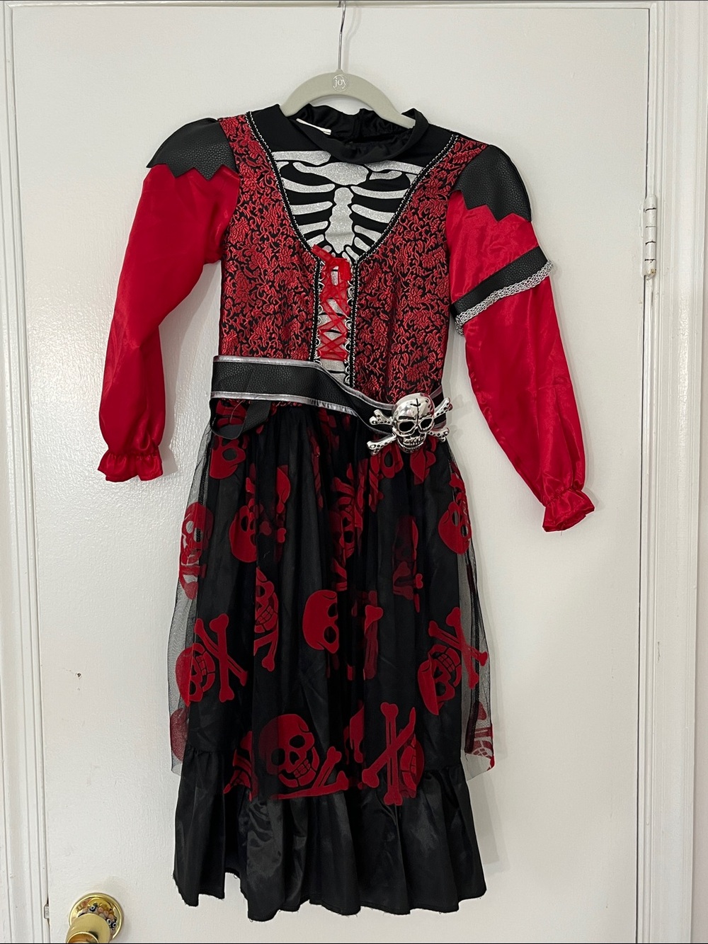 Red and Black Girlโs Pirate Skeleton Costume with Skull Belt